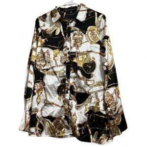 PrettyLittleThing Women’s Multi Royal Print Satin Button Down Top Sz-4